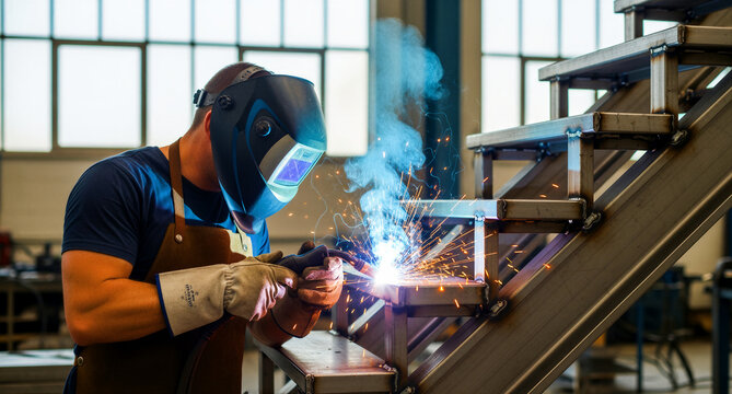 Welder joining metal on a steel staircase with sparks. Skilled worker wearing a protective mask in an industrial factory. Metalwork and engineering concept, ideal for manufacturing marketing.