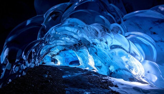 A breathtaking view inside a massive blue ice cave featuring intricate frozen walls illuminated by soft light in a tranquil winter landscape.