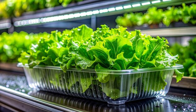 Fresh green lettuce leaves growing in a vertical indoor farm system for sustainable agriculture and environmentally friendly produce retail.