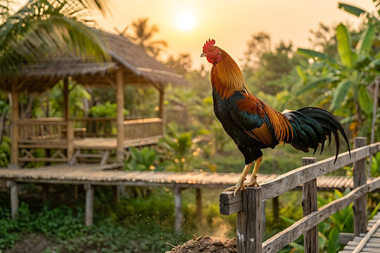 Traditional Thai Fighting Cock in Rural Village Backyard
 

