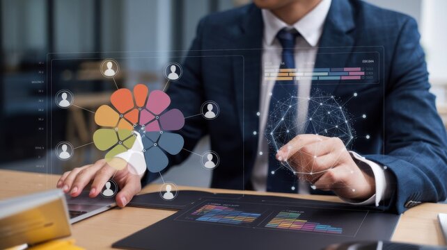 Business professional analyzing AI-powered data clustering visualization on digital interface, customer segmentation groups connected to user icons, AI core for marketing strategy, audience targeting