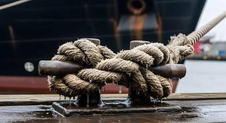 Fototapeta premium Close-up of nautical rope tied on a ship's deck