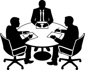 Fototapeta premium Silhouette of three businessmen in a professional meeting sitting around a round table discussing and writing on documents vector