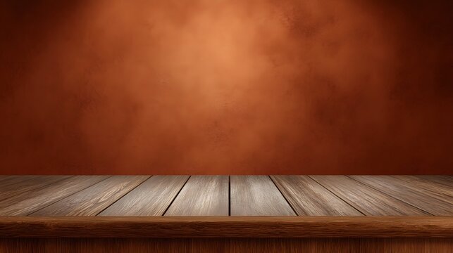 A rustic studio setup featuring a wooden table surface against a textured warm terracotta backdrop ideal for commercial display