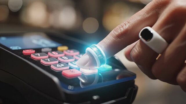 Fintech contactless payment wearable smart ring tapping card reader contactless payment terminal fingertip pressing keypad nfc PIN entry glowing