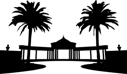 Black Silhouette of Tropical Resort Entrance with Palm Trees and Architectural Pavilion Vector Illustration © Rezowan 