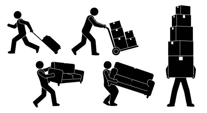 Silhouette set of people moving furniture, boxes, and luggage, illustrating relocation and delivery services on an isolated white background.