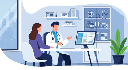 Fototapeta premium Doctor and patient discussing health in a modern clinic office setting with computer