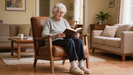 Fototapeta premium Senior woman reading book at home in cozy living room