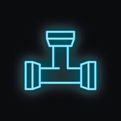 Fototapeta premium Glowing neon blue icon of a water pipe fitting, isolated on a black background