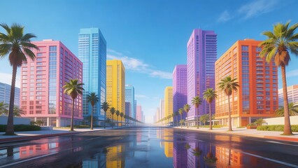 Obraz premium Colorful city buildings and palm trees