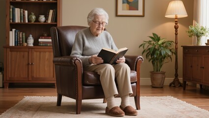 Fototapeta premium Senior woman reading book at home in cozy living room