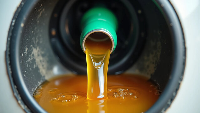 Close-up of Fuel Nozzle Pouring Golden Diesel or Motor Oil into Tank for Automotive Engine Maintenance