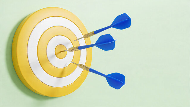 Darts hit the center of a target on a light green wall in a focused game setting during daytime hours