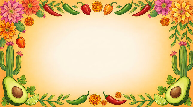 Decorative border frame with Mexican elements and fresh ingredients