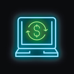 Fototapeta premium Neon green money turnover on a laptop screen representing online business and investment