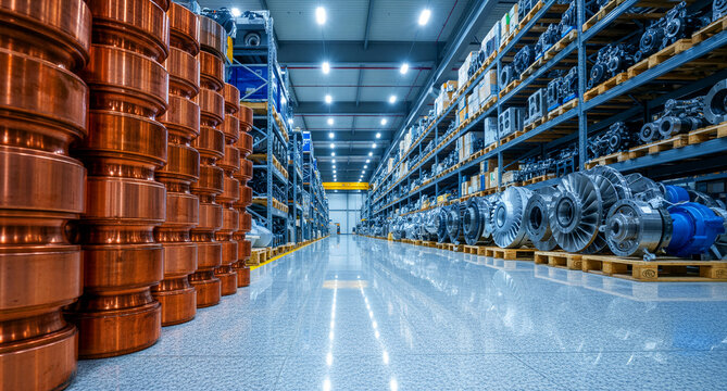 Industrial components and copper parts stored in a modern warehouse. Heavy machinery and turbines sit organized on shelving. Supply chain concept for industrial logistics and manufacturing.