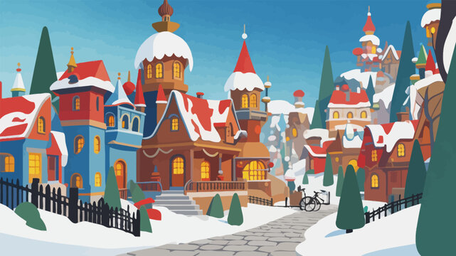Cozy Winter Holiday Townscape with Snow Covered Cottages