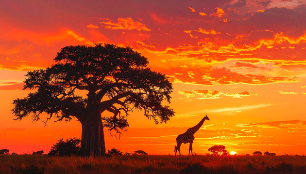 African sunset silhouette giraffe tree