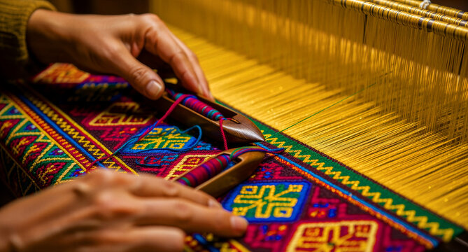 Hands using a shuttle to weave intricate patterns on a traditional loom. Artisan creates colorful ethnic fabric with golden threads. Heritage craft concept ideal for textile and cultural marketing.