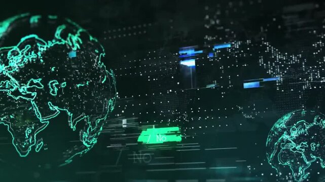 Digital world of developing programming and coding technologies. Programmer network hacking. Global network communication on dark green background.