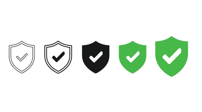 Set of shield icons with check marks in various styles, security and verification symbols