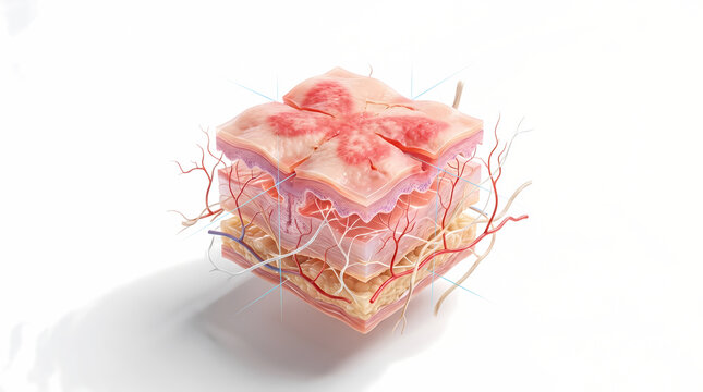 Cross-Sectional View of Human Skin Layers with Capillaries and a Red Mark