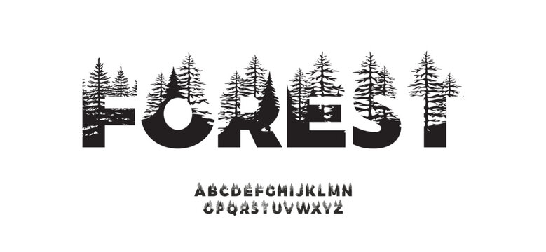 Forest word made from outdoor wilderness treetop lettering. Typography technology, electronic, movie, digital, music, future, logo creative font.
