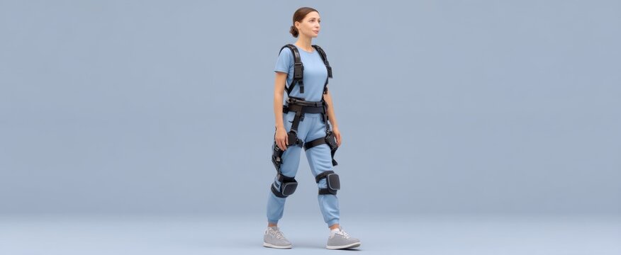 Woman in powered exoskeleton for mobility therapy at a contemporary rehabilitation clinic.