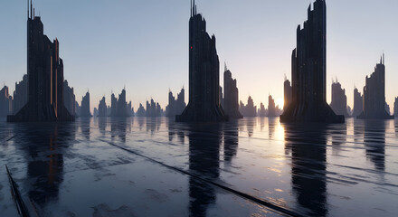 Obraz premium Futuristic city skyline at sunrise with sleek skyscrapers reflecting on wet ground