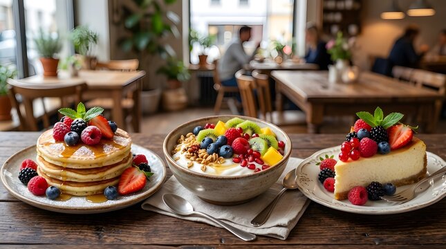 Delicious pancakes and cheesecake topped with fresh berries served in cozy cafe setting