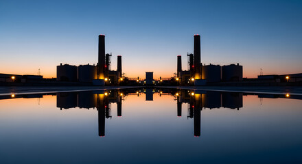 Naklejka premium Industrial cityscape at dusk with calm water reflection and lit buildings