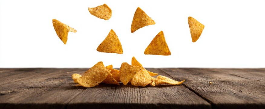 Tortilla chips cascading onto a rustic wooden surface with a clean transparent background