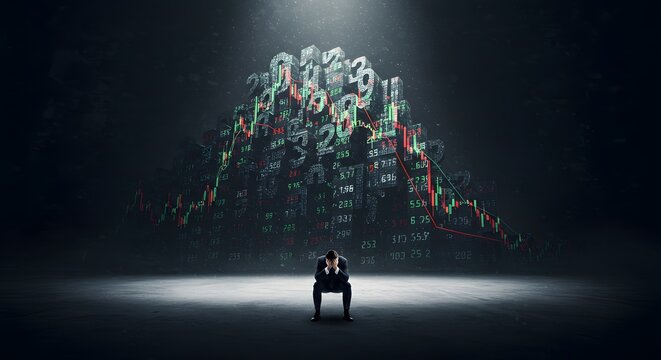 Person sitting alone in a dark space with a pyramid of glowing numbers