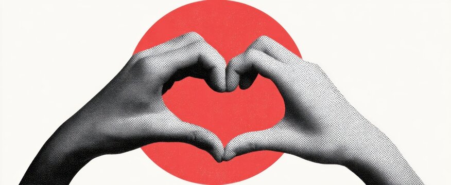 romantic halftone collage element elegant male and female hands creating a heart shape on a clean backdrop