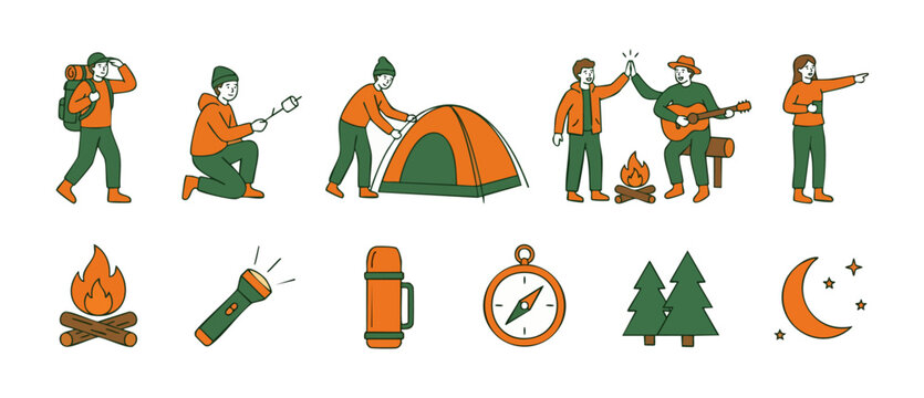 Camping People Set Icons Adventure Hiking Elements Vector Collection for Outdoor Travel Design, Flat Linear Character Illustrations Featuring Tent, Campfire, Backpacking Trip, and Exploration Equipmen