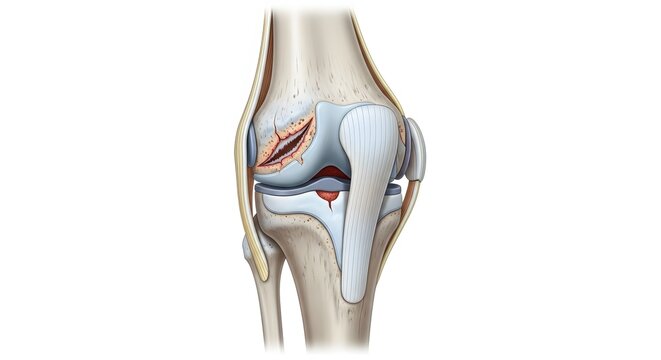 Side view anatomical of a human knee joint displaying a torn meniscus and damaged articular cartilage, medical depiction
