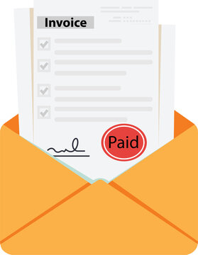 Completed invoice with paid stamp inside opened envelope represents successful financial transaction, billing, accounting process.