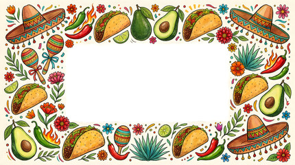Fototapeta premium Hand drawn Mexican fiesta themed border with tacos and avocados