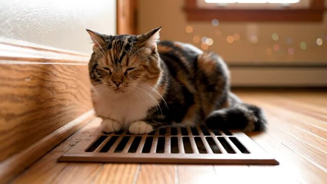 Cozy domestic cat relaxing and purring on a warm air vent in a quiet home environment