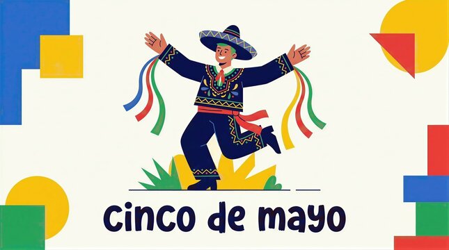 Man wearing sombrero dancing in traditional mexican costume for Cinco de Mayo. Festive illustration of happy character celebrating national holiday. Decorative graphic design element.