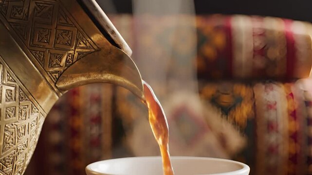 Pouring Hot Arabic Coffee from a Traditional Dallah into a Cup.