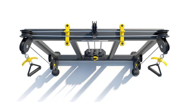 View of a black and yellow cable crossover machine for fitness and weight training
