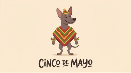 Obraz premium Xoloitzcuintli dog wearing a sombrero and colorful poncho for Cinco de Mayo. Cartoon illustration of a Mexican hairless dog celebrating a national holiday with a festive cultural costume.