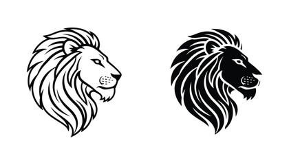Majestic lion head profile icon set showing detailed mane in outline and solid black tribal style for logo design © Silver