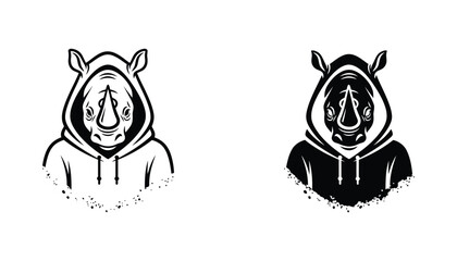 Rhino character wearing trendy hoodie sweatshirt illustration in both outlined and solid black graphic styles for apparel branding or urban street wear logo design concepts © Silver