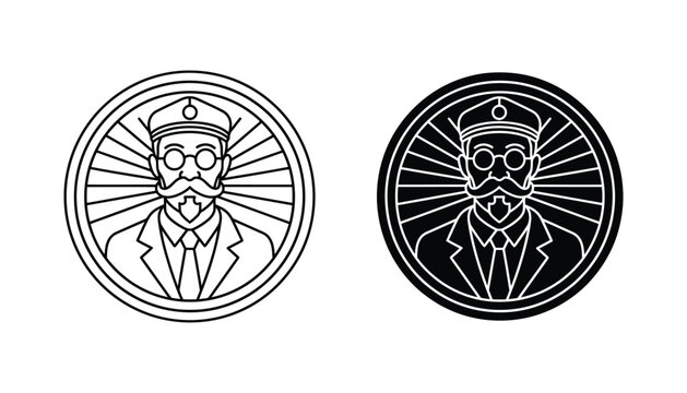 Vintage style captain or conductor character portrait in circular emblem with sunburst background in both linear and solid black styles for retro branding and professional insignia design