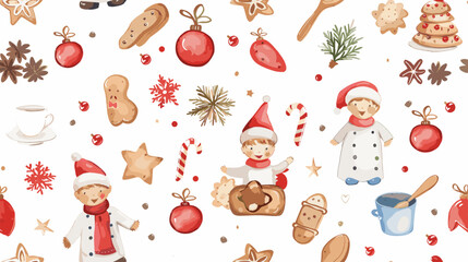 Naklejka premium Cheerful Holiday Baking Pattern with Children, Cookies, and Festive Decorations for Christmas