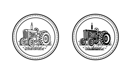 Farm tractor in circular badge frame in linear and solid black style for agriculture and brand identity © Silver