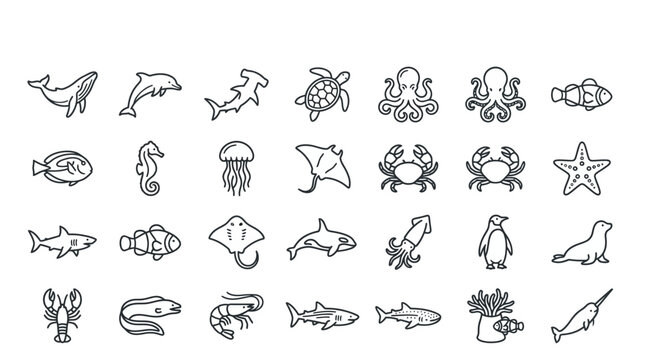Sea creatures and ocean animals icons.